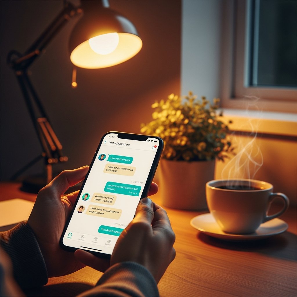 AI_IMAGE: A warm, inviting scene of a person using a smartphone to chat with a virtual assistant. The screen shows a friendly chat interface with message bubbles. Soft warm lighting, a cozy home office desk with a coffee cup and a potted plant. The mood is calm and approachable. Color tones: cream, warm amber, soft teal accents. | photorealistic | square