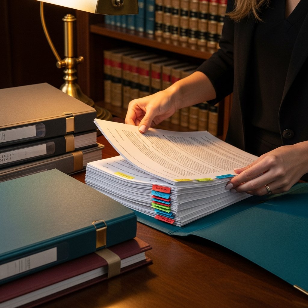 AI_IMAGE: An organized desk with neatly arranged legal folders and colored tabs, a professional woman's hands sorting documents. A warm desk lamp casts golden light. Behind, a shelf with law books. The scene conveys order, care, and professionalism. Color tones: deep teal, warm wood, champagne gold accents on folder edges. | photorealistic | square