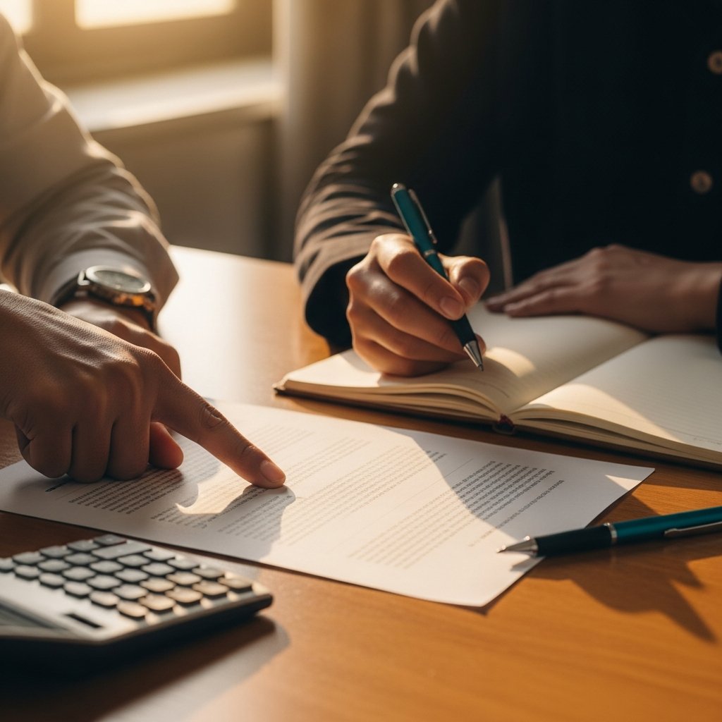 AI_IMAGE: A close-up of two people reviewing a printed document together at a warm-lit desk. One person points to a line on the paper while the other takes notes. There is a calculator and a pen nearby. The mood is collaborative and transparent. Color tones: warm amber, cream paper, dark teal pen, soft natural light. | photorealistic | square