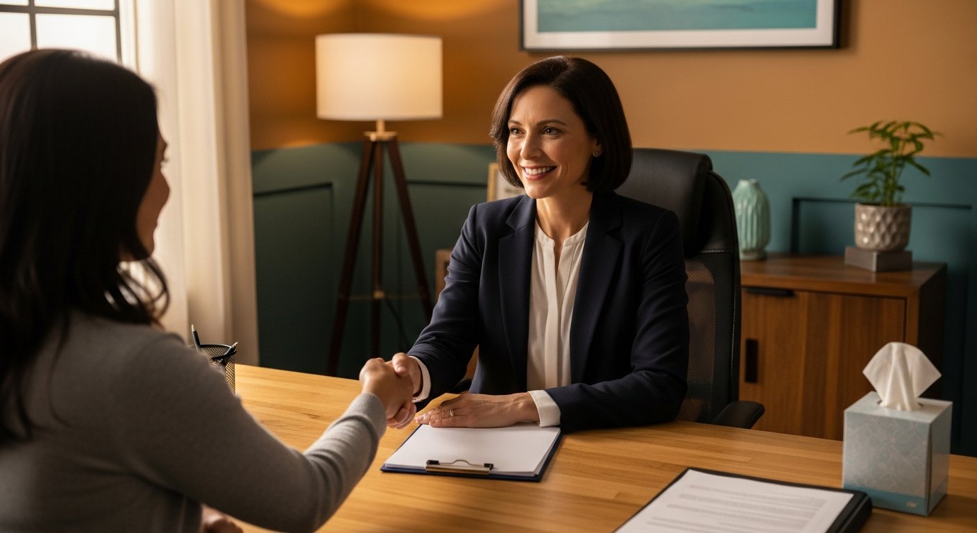 AI_IMAGE: A compassionate scene of a professional woman offering a comforting handshake to another woman across a desk in a warm, private office. Soft natural light, a tissue box on the desk, confidential documents. The mood is protective, empathetic and empowering. Color tones: warm amber, cream walls, soft teal accents, natural wood. | photorealistic | landscape