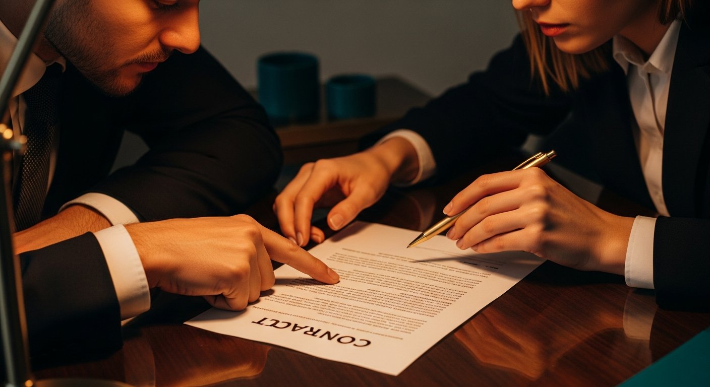 AI_IMAGE: A close-up of two professionals reviewing a printed contract together at a polished wooden desk. A gold pen rests on the document. Warm desk lamp lighting, professional atmosphere. Color tones: warm cream paper, dark wood, amber lighting, subtle teal accents. | photorealistic | landscape