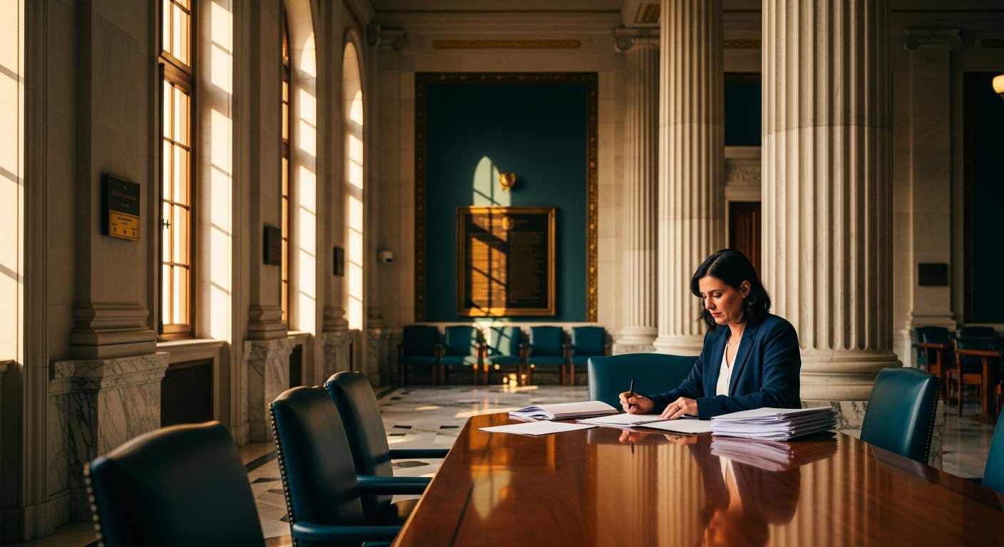 AI_IMAGE: A formal government building interior with marble columns and warm natural light streaming through tall windows. A professional woman reviews documents at a polished table. The mood is institutional yet approachable. Color tones: cream marble, warm amber light, deep teal accents in the furniture, subtle gold details. | photorealistic | landscape