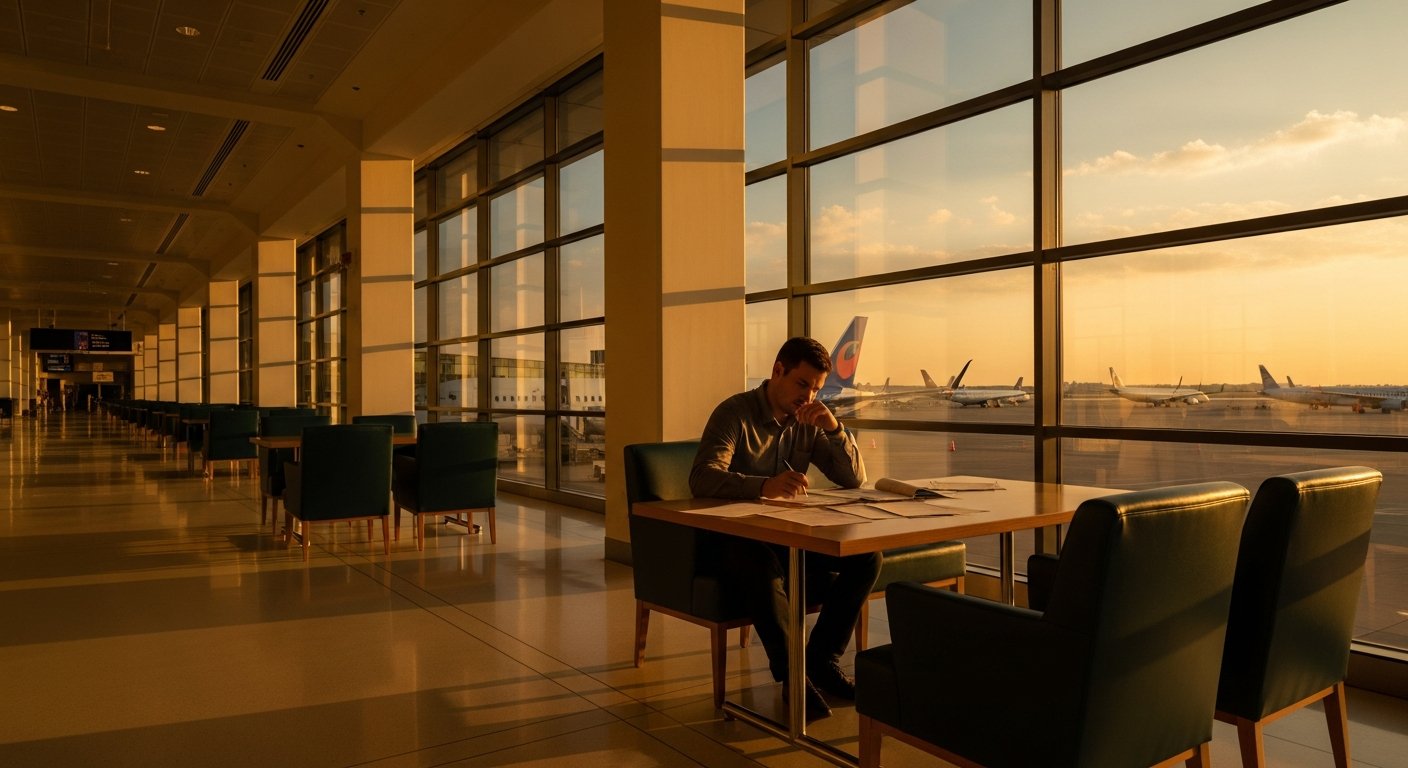 AI_IMAGE: An airport terminal interior with warm sunset light streaming through large windows. A traveler sits reviewing documents while planes are visible on the tarmac through the glass. Clean, modern architecture. The mood is calm and purposeful. Color tones: warm amber sunset, cream floor, deep teal seating, soft sky blue. | photorealistic | landscape
