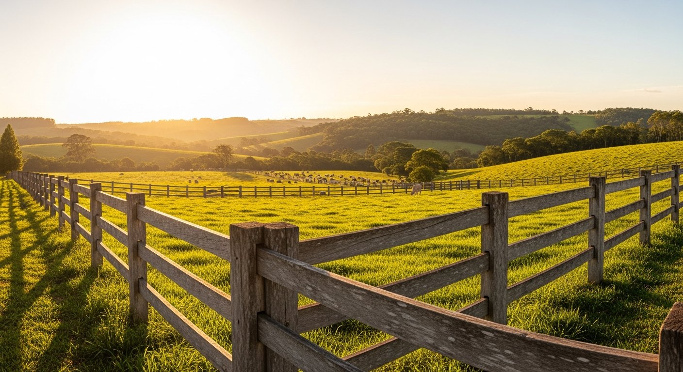 AI_IMAGE: A panoramic view of a Brazilian farm landscape with green pastures, a rustic wooden fence in the foreground, and rolling hills in the background. Golden hour lighting with warm tones. The mood is serene and productive. Color tones: warm green, golden amber, cream sky, earthy brown. | photorealistic | landscape