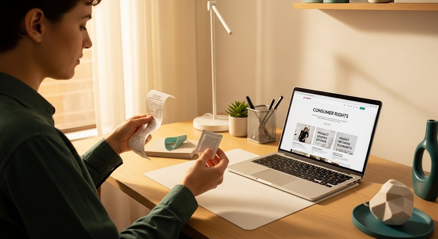 AI_IMAGE: A person examining a receipt and product packaging at a clean modern desk, with a laptop open showing a consumer rights website. Warm natural lighting from a window, organized and empowering atmosphere. Color tones: warm cream, soft amber, clean white, subtle teal. | photorealistic | landscape
