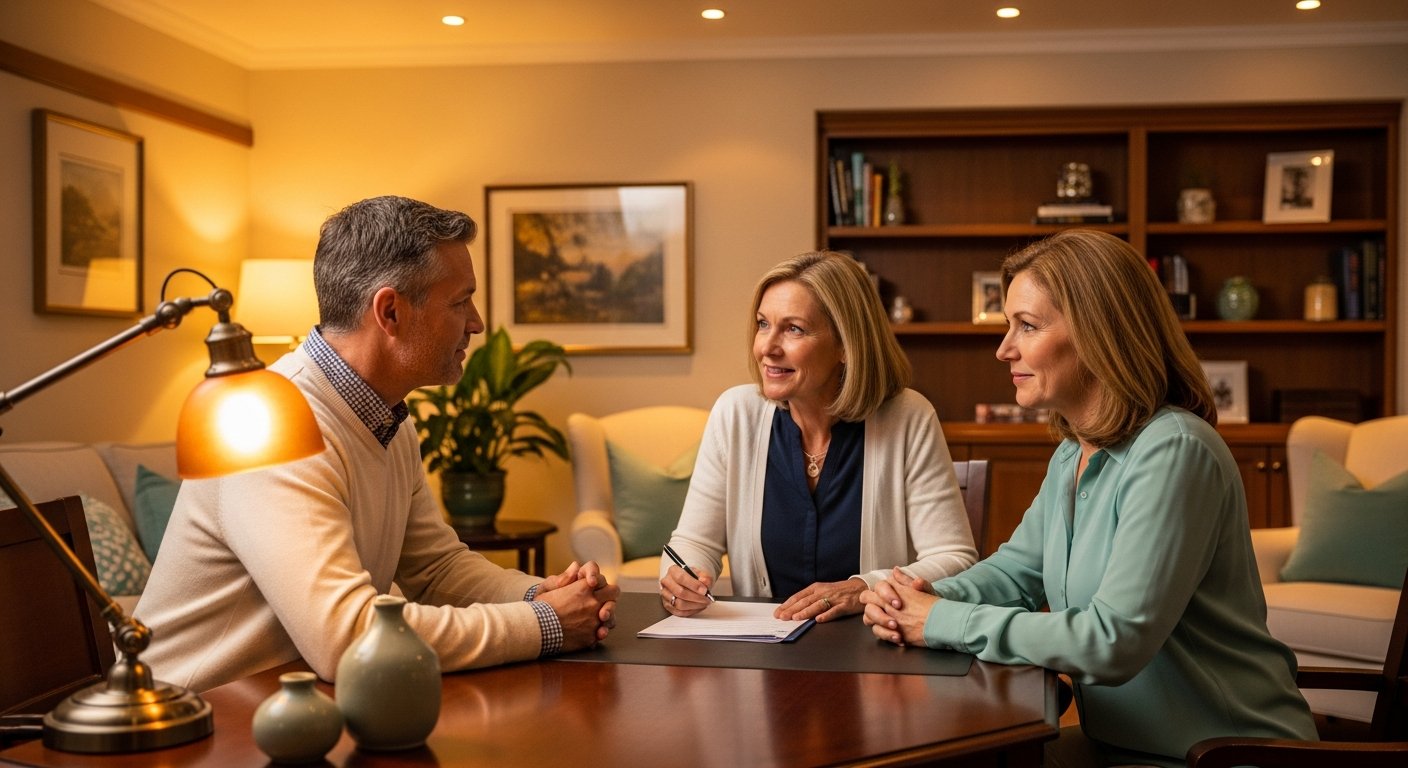 AI_IMAGE: A warm, intimate scene of a family consultation in a comfortable office. Two adults sitting across from a professional advisor, with soft ambient lighting, a cozy interior with plants and warm wood tones. The mood is supportive and confidential. Color tones: warm amber, cream, soft teal accents, natural wood. | photorealistic | landscape