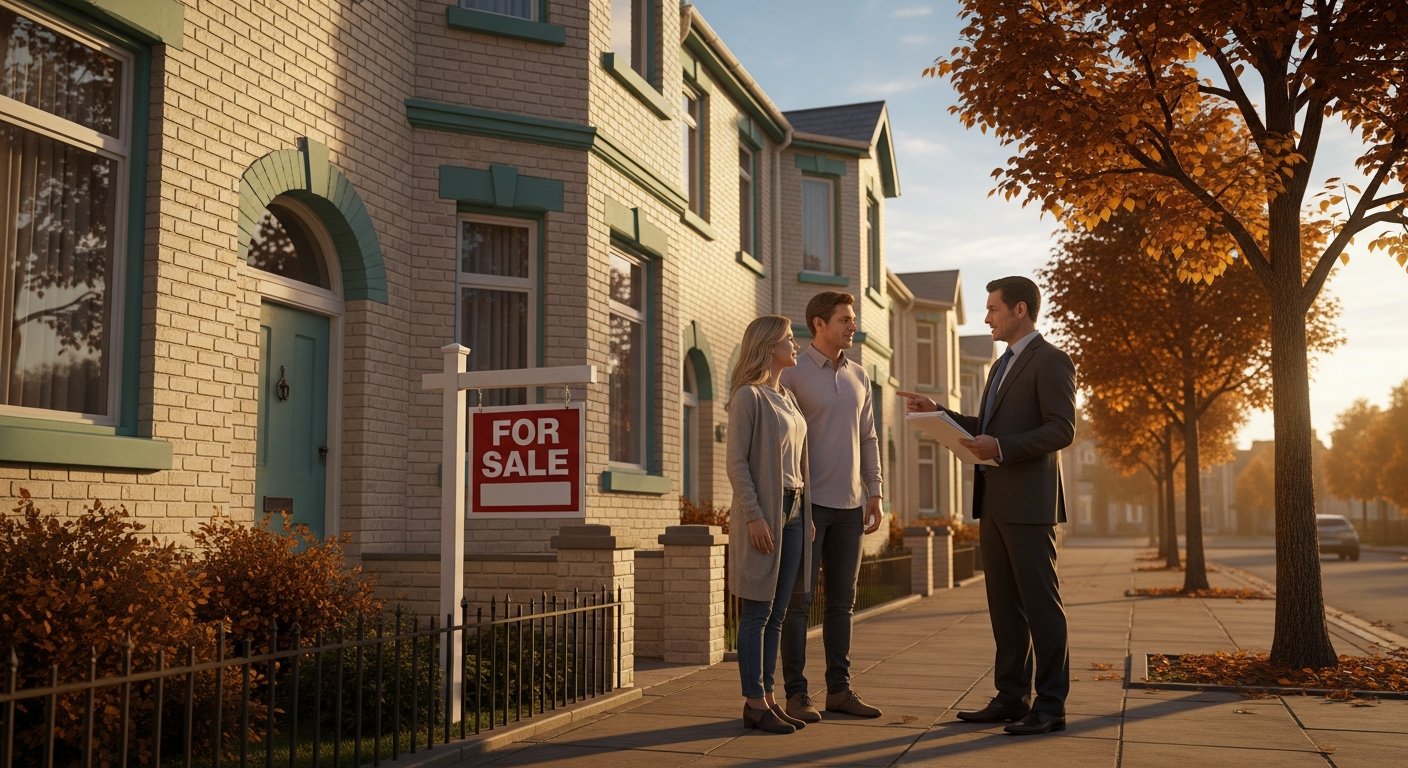AI_IMAGE: A warm architectural scene showing a residential building facade with a 'for sale' sign being reviewed by a couple and a professional advisor holding documents. Warm sunlight, trees along the street. The mood is hopeful and professional. Color tones: warm cream, brick, amber sunlight, soft teal accents. | photorealistic | landscape