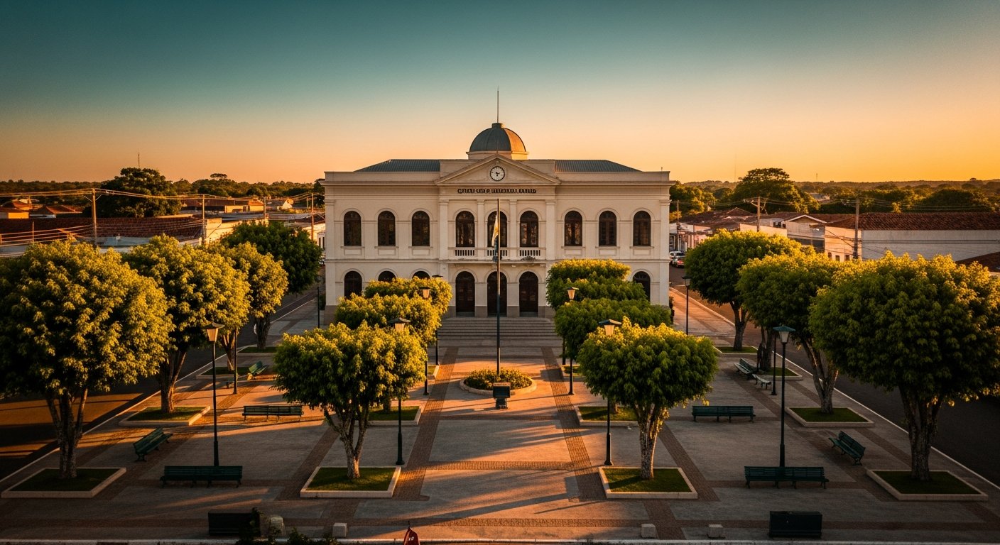 AI_IMAGE: An aerial view of a small Brazilian city hall building surrounded by a well-maintained public square with trees and benches. Warm golden hour lighting, peaceful civic atmosphere. Color tones: warm amber, green foliage, cream building facade, deep teal sky gradient. | photorealistic | landscape