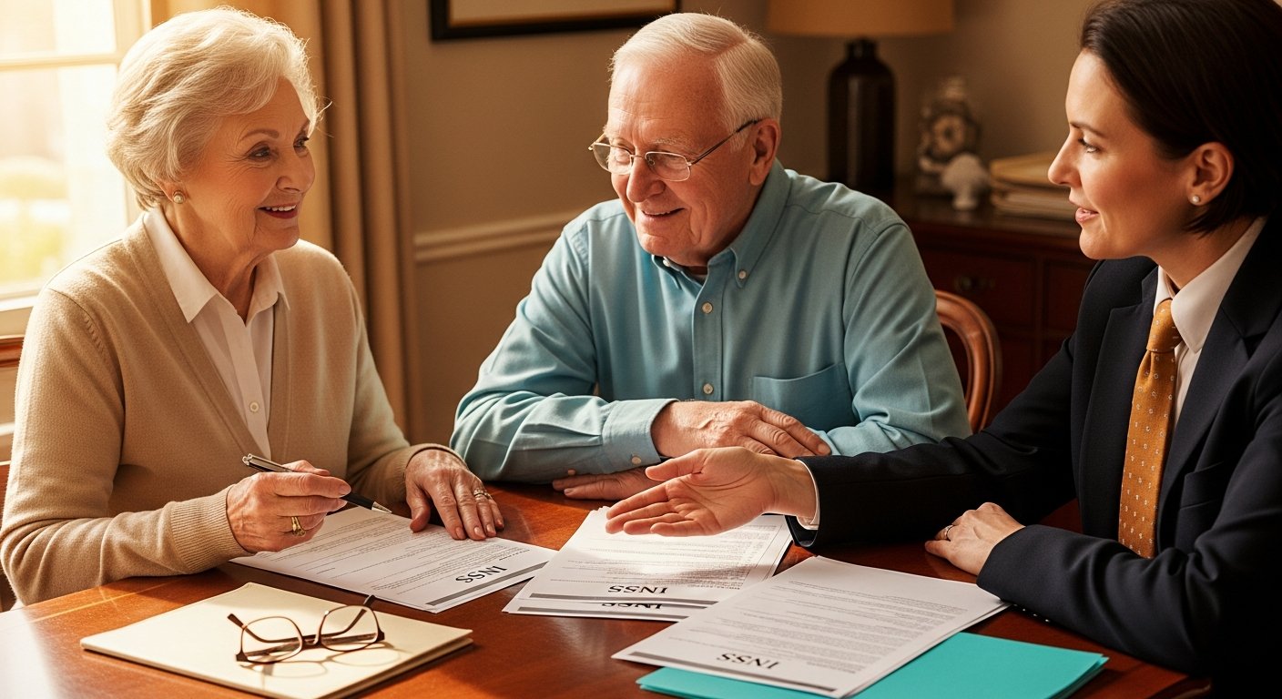 AI_IMAGE: A warm scene of an elderly couple reviewing documents with a professional advisor at a comfortable desk. Warm natural light, reading glasses on the table, printed INSS forms visible. The mood is caring and reassuring. Color tones: warm amber, cream paper, soft teal accents, wood furniture. | photorealistic | landscape