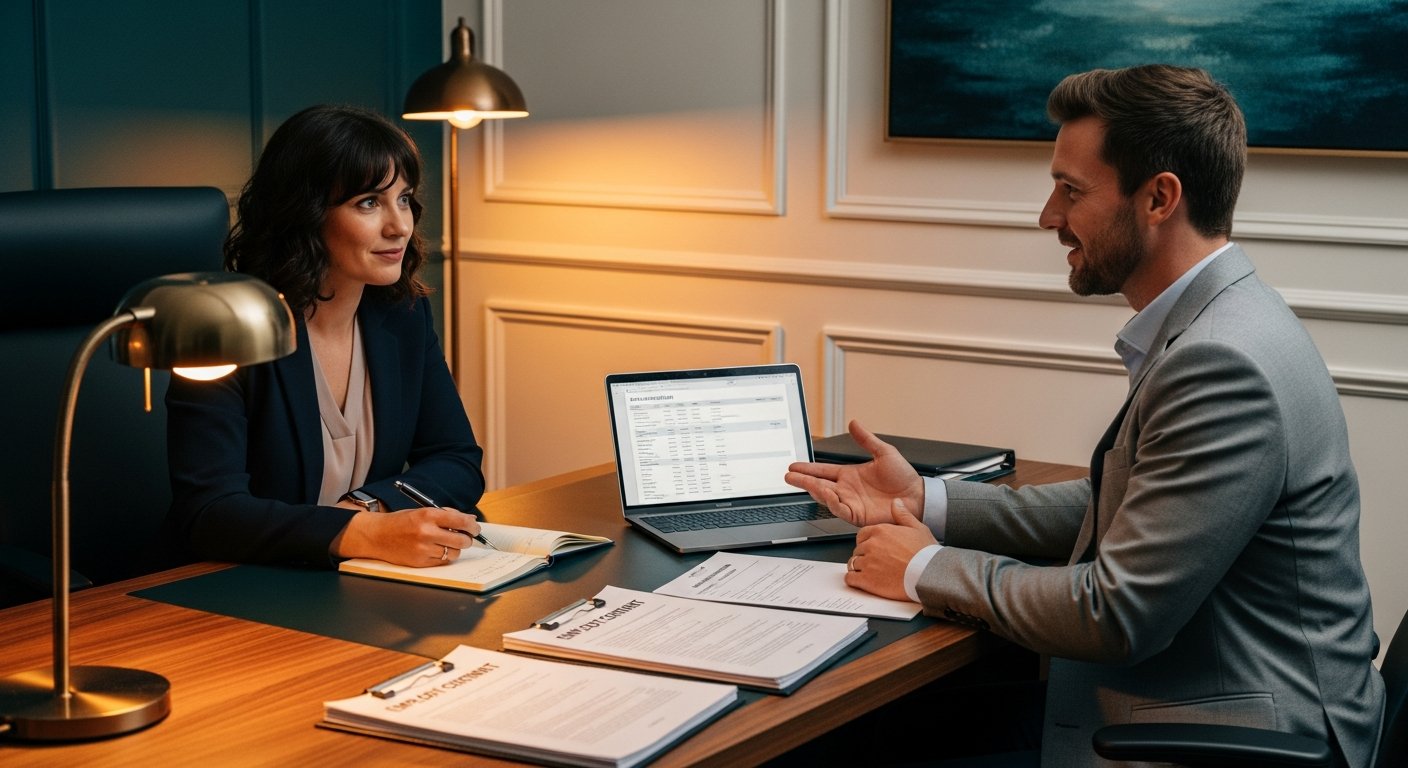AI_IMAGE: A warm office scene showing two people in a professional meeting across a desk, one taking notes. There are employment contracts and a laptop visible. Warm lighting, professional but approachable atmosphere. Color tones: warm wood desk, cream walls, deep teal accents, soft amber lighting. | photorealistic | landscape