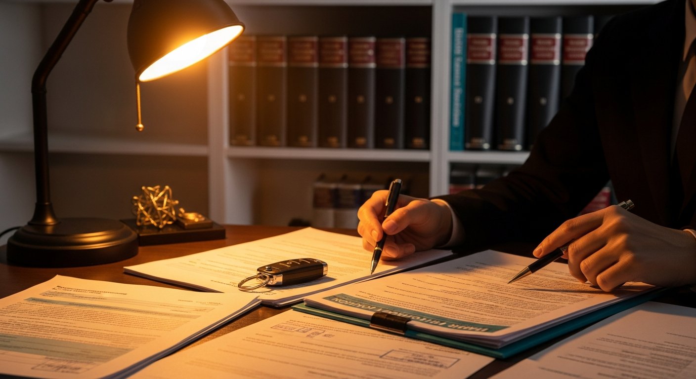 AI_IMAGE: A clean desk scene with traffic violation documents, a car key, and a professional reviewing paperwork under warm desk lamp light. A bookshelf with legal volumes in the background. The mood is organized and solution-oriented. Color tones: warm amber, cream, dark wood, subtle teal. | photorealistic | landscape