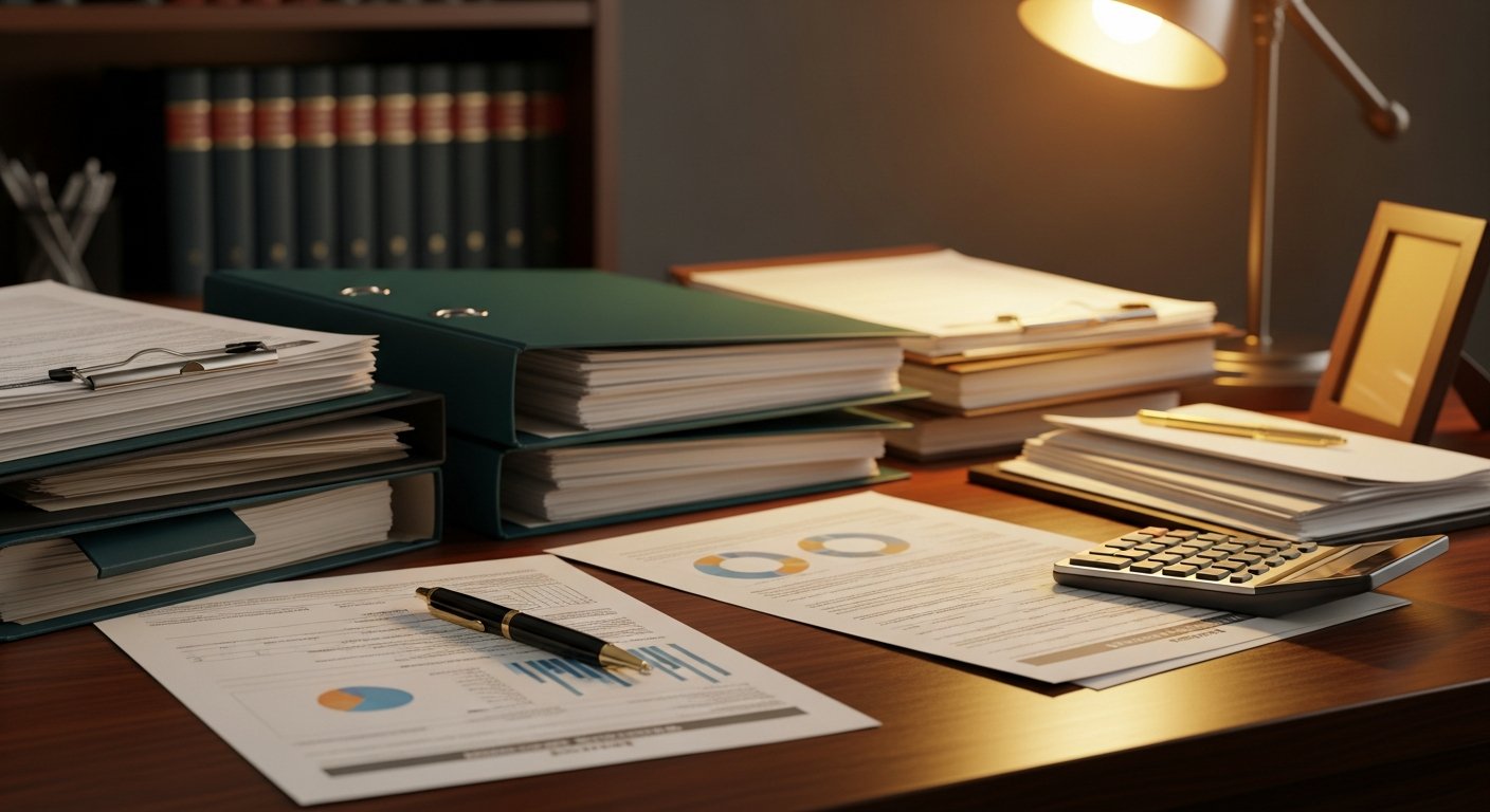 AI_IMAGE: A professional desk scene with neatly organized tax documents, a calculator, financial reports and a gold pen on a dark polished wooden surface. Warm amber desk lamp lighting, legal books on shelves in the soft background. The mood is meticulous and trustworthy. Color tones: warm wood, cream paper, deep teal accents, champagne gold details. | photorealistic | landscape