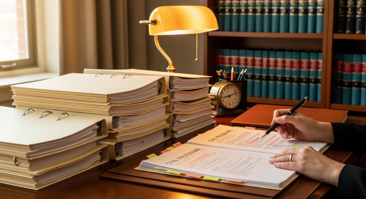 AI_IMAGE: A professional law office desk with organized case files, a gavel-free setting, and a person reviewing civil procedure documents. Warm desk lamp, legal books on a wooden shelf behind. The mood is methodical and just. Color tones: warm wood, cream, amber lighting, deep teal book spines. | photorealistic | landscape