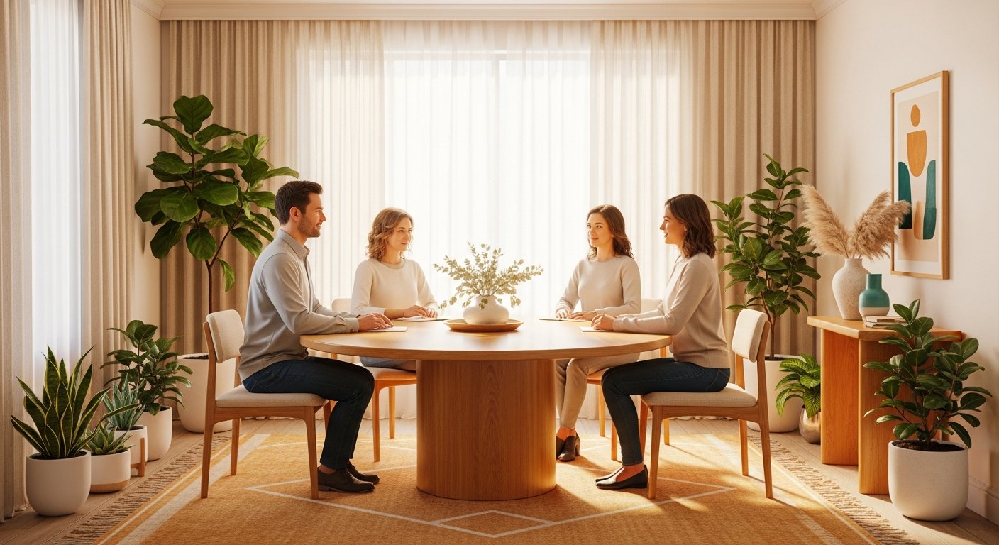 AI_IMAGE: A warm mediation room with three people sitting around a round wooden table, engaged in respectful dialogue. Soft natural light through curtains, plants in the room, a calm and collaborative atmosphere. Color tones: warm cream, soft amber, natural wood, gentle teal accents. | photorealistic | landscape