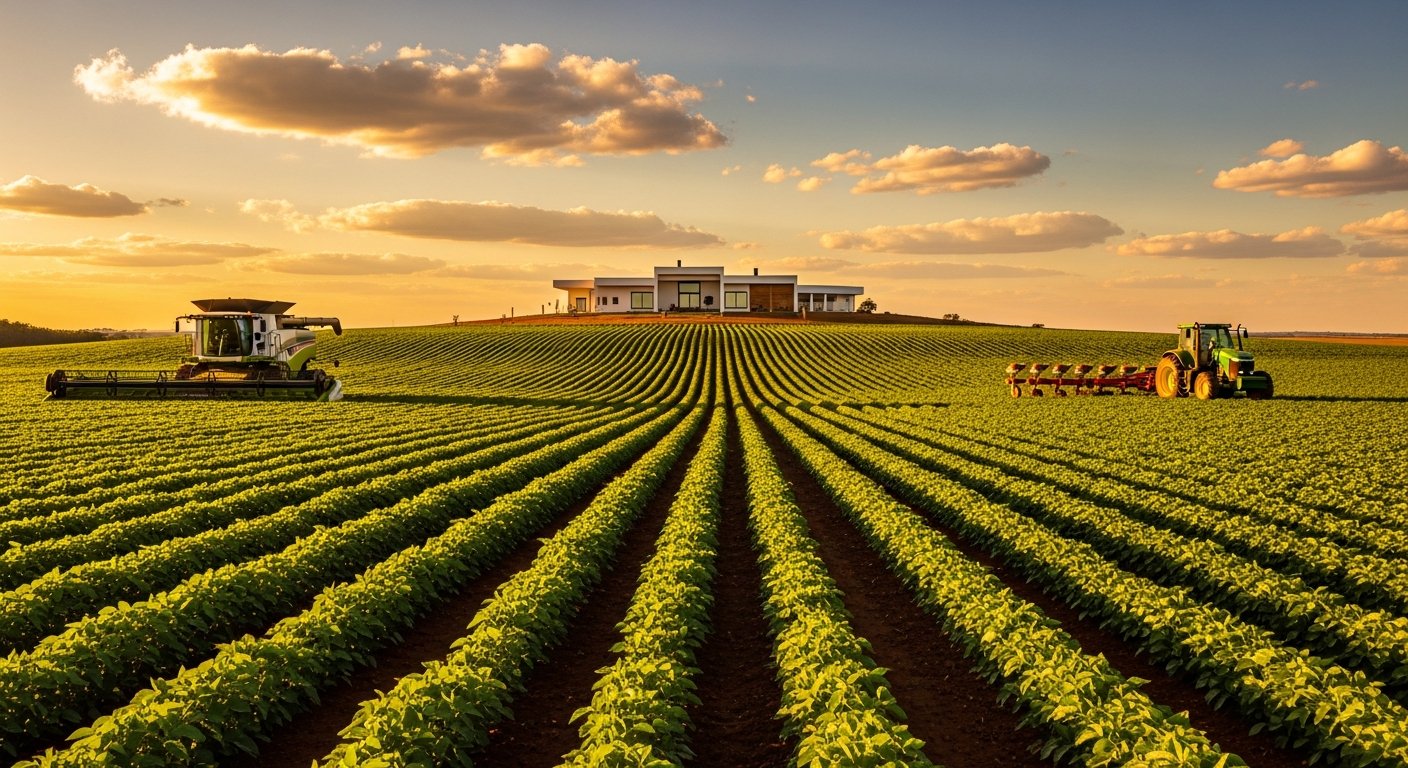 AI_IMAGE: A panoramic view of a Brazilian rural landscape with a modern farmhouse in the middle distance, green crops in the foreground, and a warm sunset sky. Agricultural machinery visible. The mood is prosperous and grounded. Color tones: warm golden green, amber sky, cream clouds, earthy brown. | photorealistic | landscape